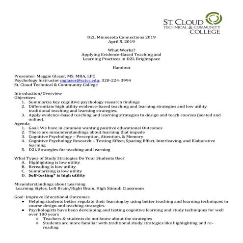 What Works? Applying Evidence-Based Teaching and Learning Practices in D2L Brightspace