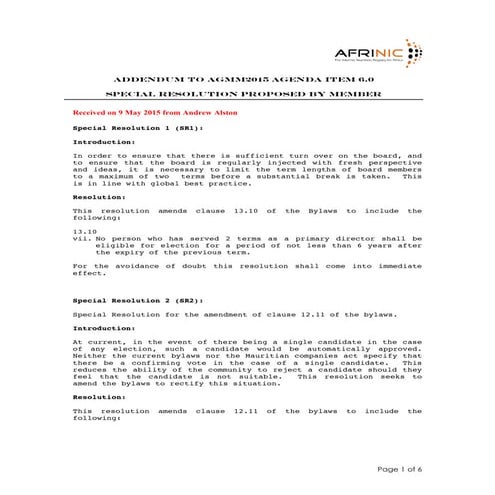 Special resolution proposed by member 