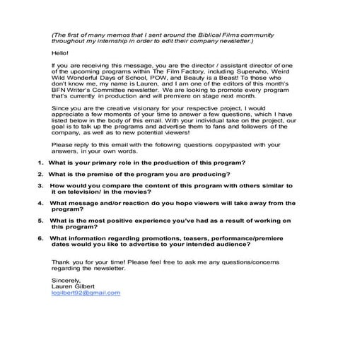 Biblical Films Newsletter - Memo