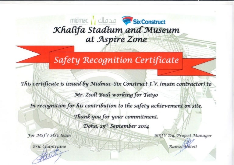 Safety Recognition Certificate