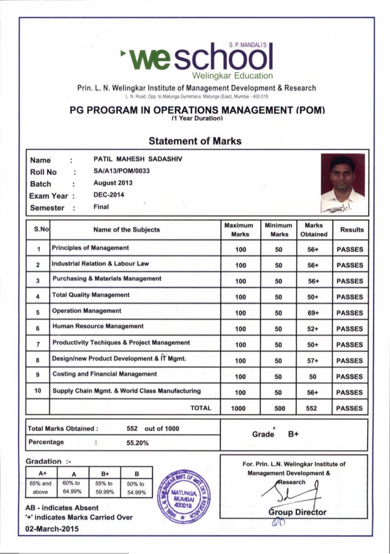 welingkar marksheet powerpoint certificate