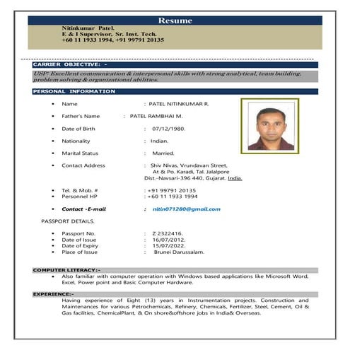 Nitinkumar CV. ( Instrument Supervisor)