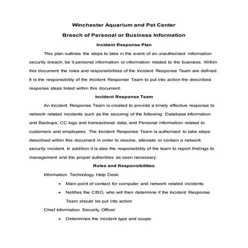 Winchester Aquarium and Pet Center Incident Response Plan