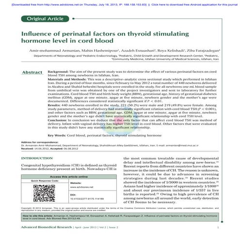 Influence of perinatal factors on thyroid stimulating hormone level in cord b...