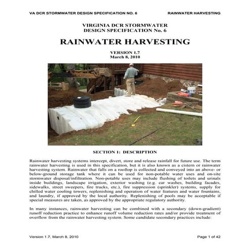 Rainwater Harvesting:  DCR Stormwater Design Specification - Virgina