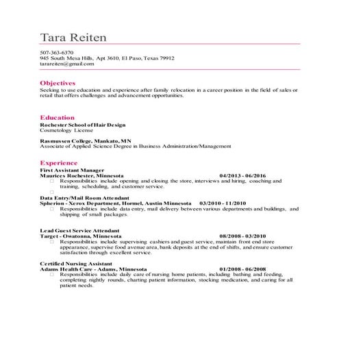 Tara Reiten Resume 2016 | PDF