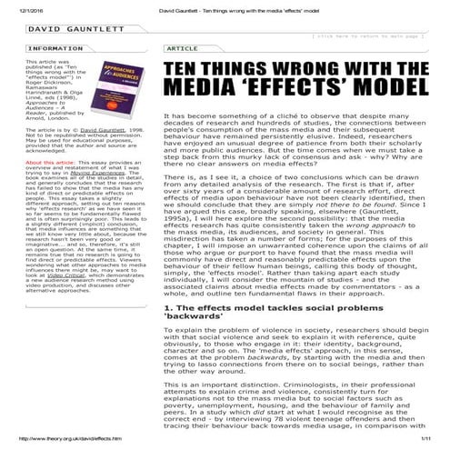 Reading 3- David Gauntlett - Ten things wrong with the media 'effects' model
