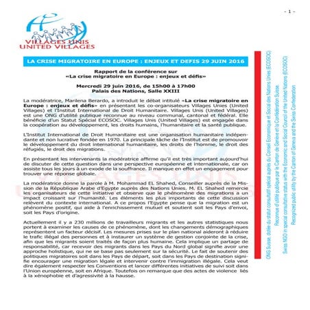 Rapport de la conférence sur «La crise migratoire en Europe - enjeux et défis du 29 juin 2016 au Palais de Nations à Genève (3)