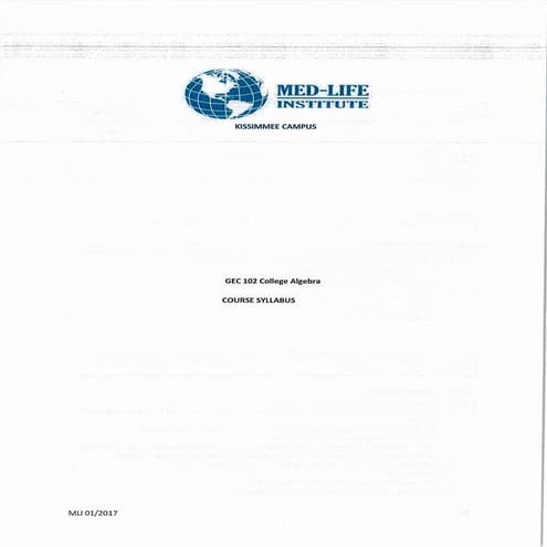 College Algebra Syllabus Pdf