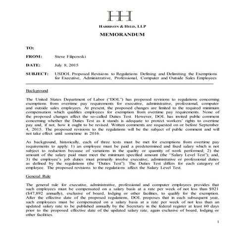 Memo re DOL Proposed Revisions 070815