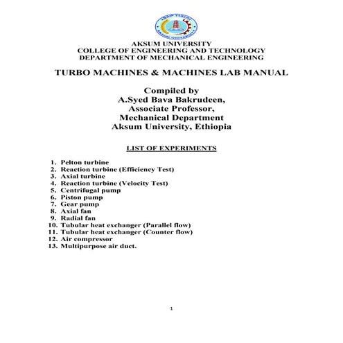 Turbo Machines Lab manual