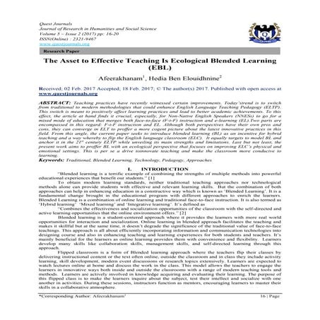 The Asset to Effective Teaching Is Ecological Blended Learning (EBL)