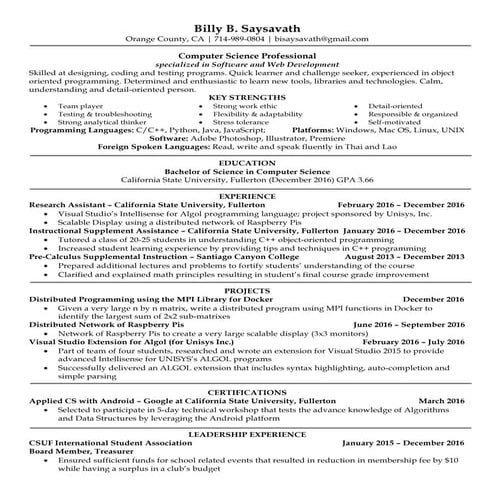 Billy Saysavath's Resume - 2017 Revision