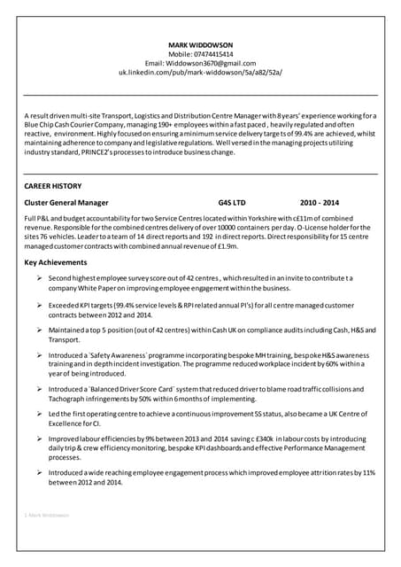 Mark Widdowson Master CV Linkedin