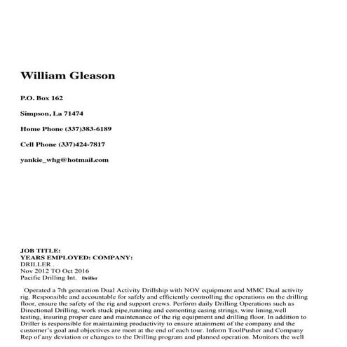 William Gleason CV  OCT 2016
