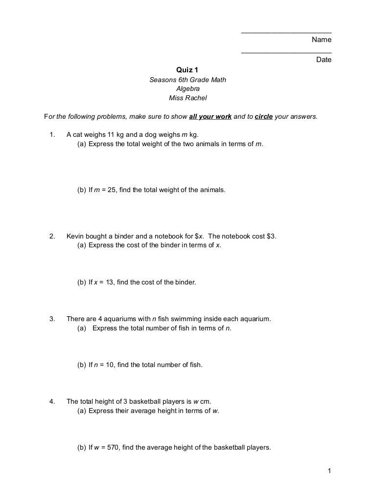 Math Quiz 1 - Algebra - 6th grade
