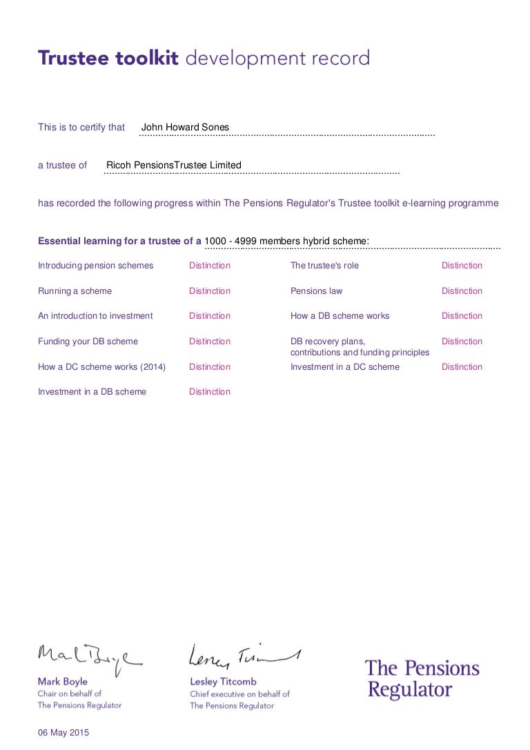 Pensions Regulator Trustee Toolkit Development_record