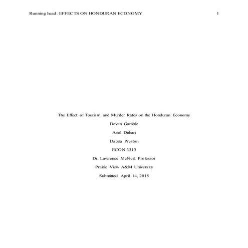 The Effect of Tourism and Murder Rates on the Honduran Economy