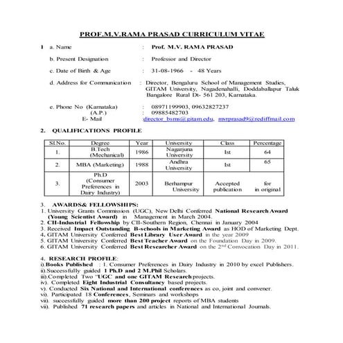 Prof MVR one page CV