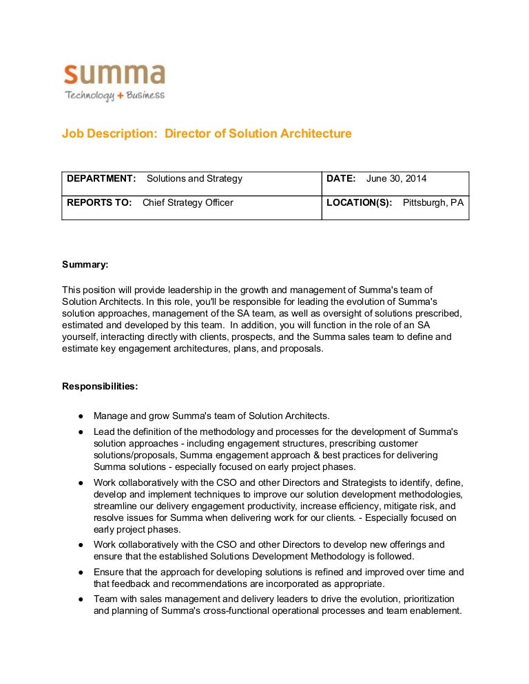 job description director of solution architecture solutions architect job description
