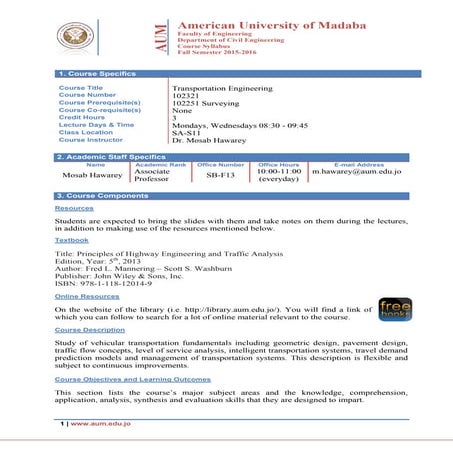 Syllabus of Transportation Engineering