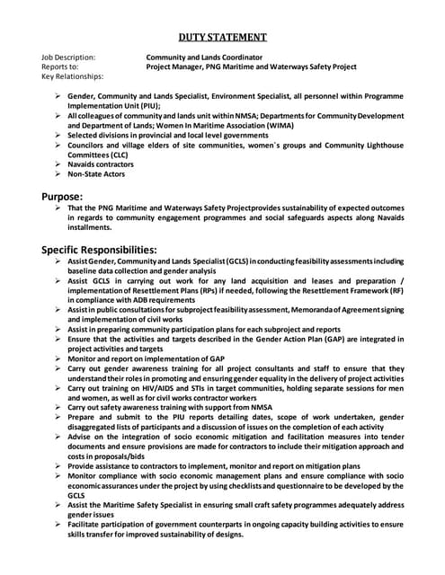 duty statement CD and lands AW