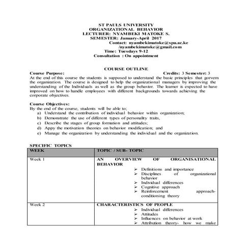 Organizational Behaviour COURSE OUTLINE | DOCX