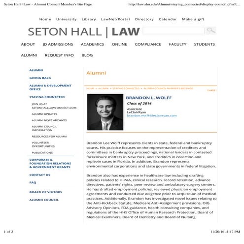 Seton Hall | Law - Alumni Council Member's Bio Page | PDF