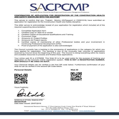 SACPCMP PROOF OF REGISTRATION