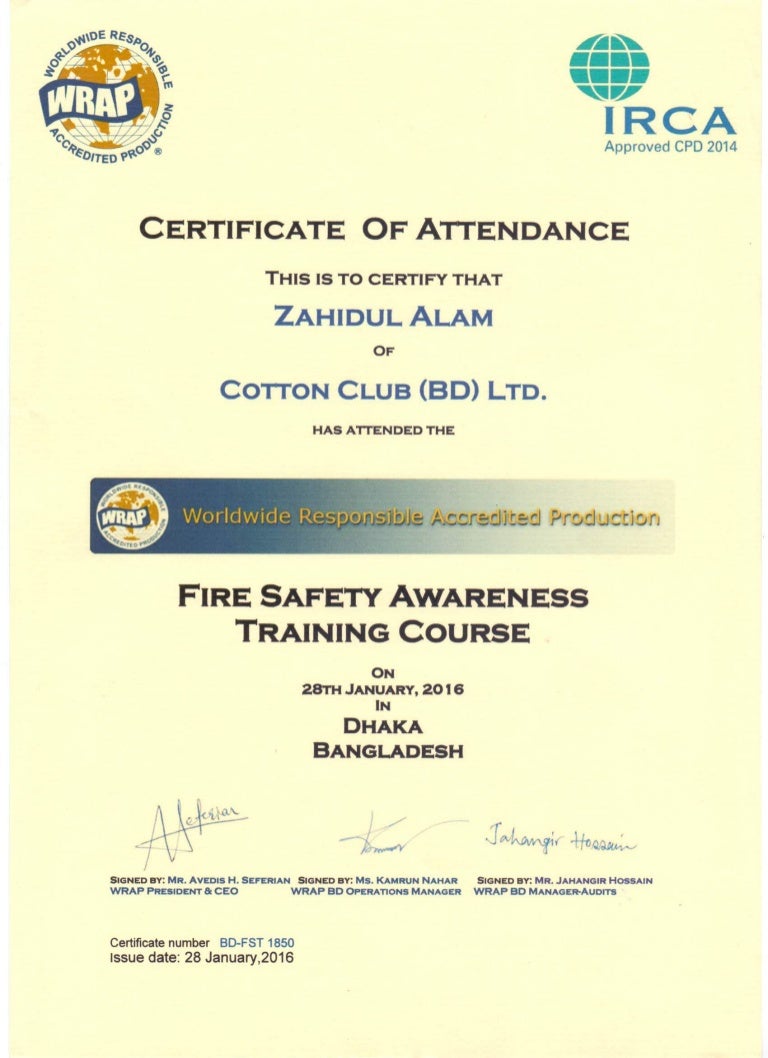 Fire Safety Awarness Training Certificate