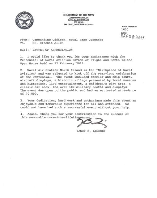 Dept of Navy Letter of Appreciation Cenntennial of flight PDF