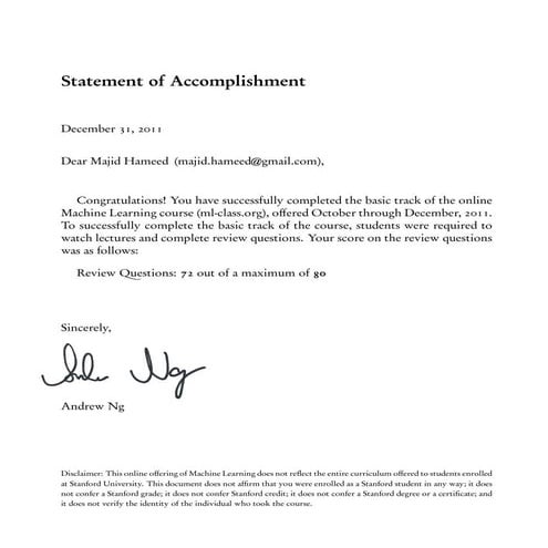 Statement of Accomplisment from Online Machine Learning Class | PDF