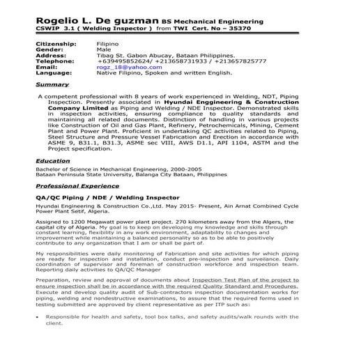 ROGELIO DE GUZMAN  Piping  welding Inspector