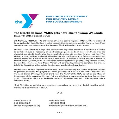 Ozarks Regional YMCA Press Release COM writing for PR