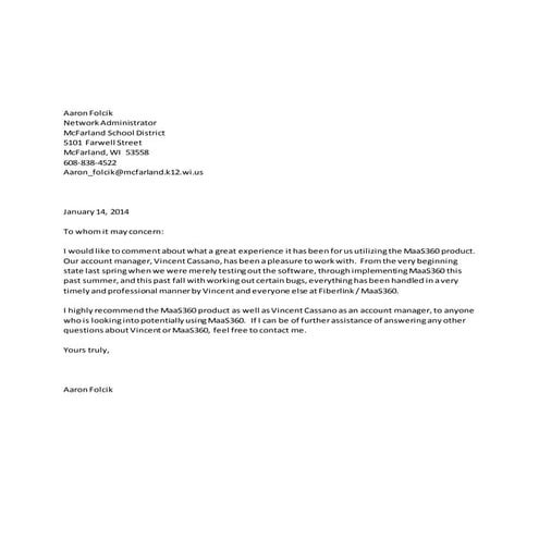 MaaS360 - Vincent Cassano letter of recommendation