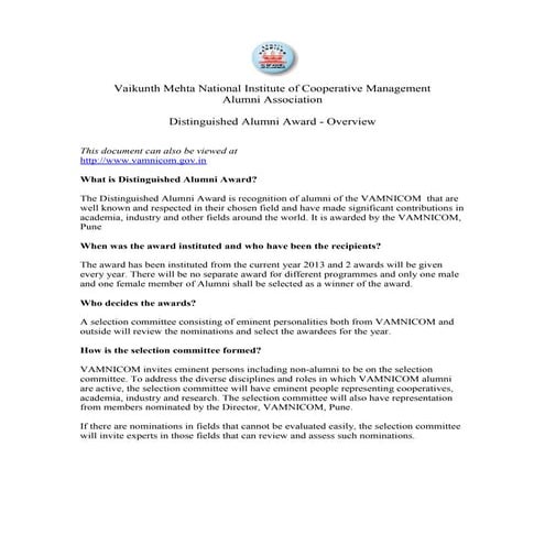 Alumni Award of the VAMNICOM