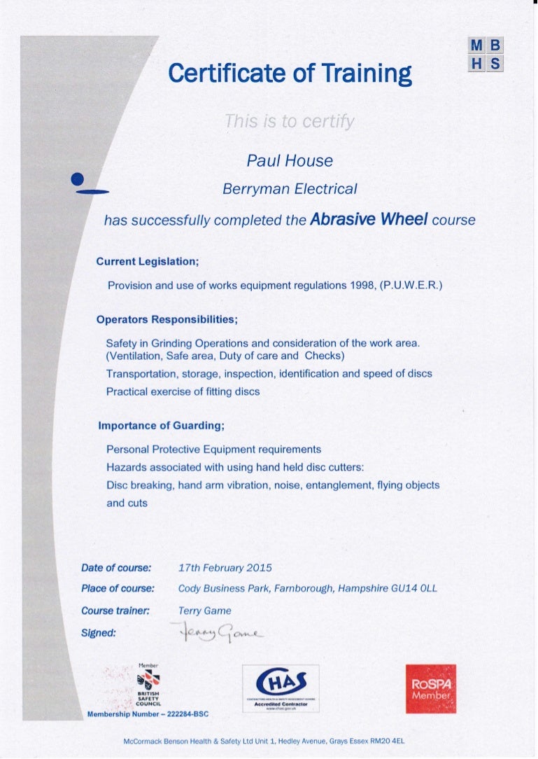 Abrasive wheel cert