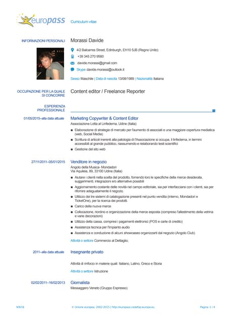 Curriculum vitae europeo europass in italiano | PDF