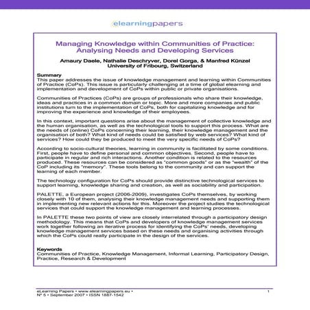Managing Knowledge within Communities of Practice: Analysing Needs and Develo...
