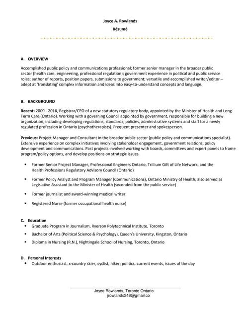 Joyce Rowlands Résumé 2016