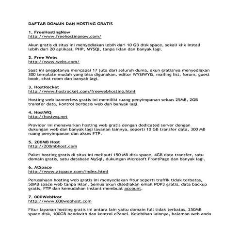 Daftar alamat domain dan hosting gratis