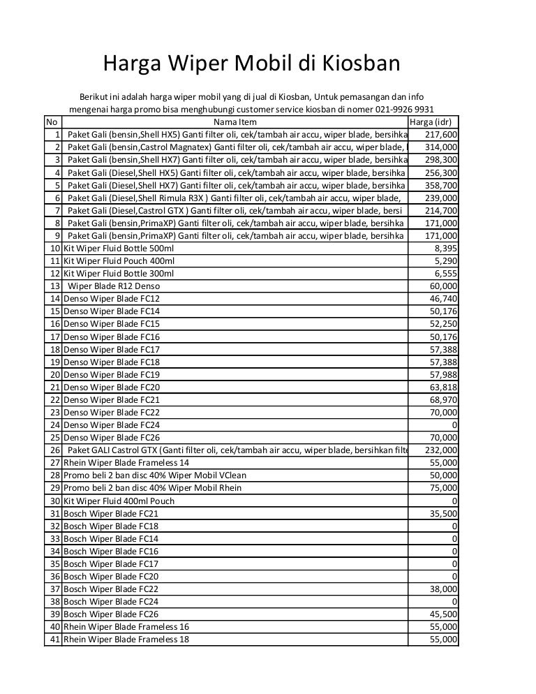 Daftar harga wiper mobil