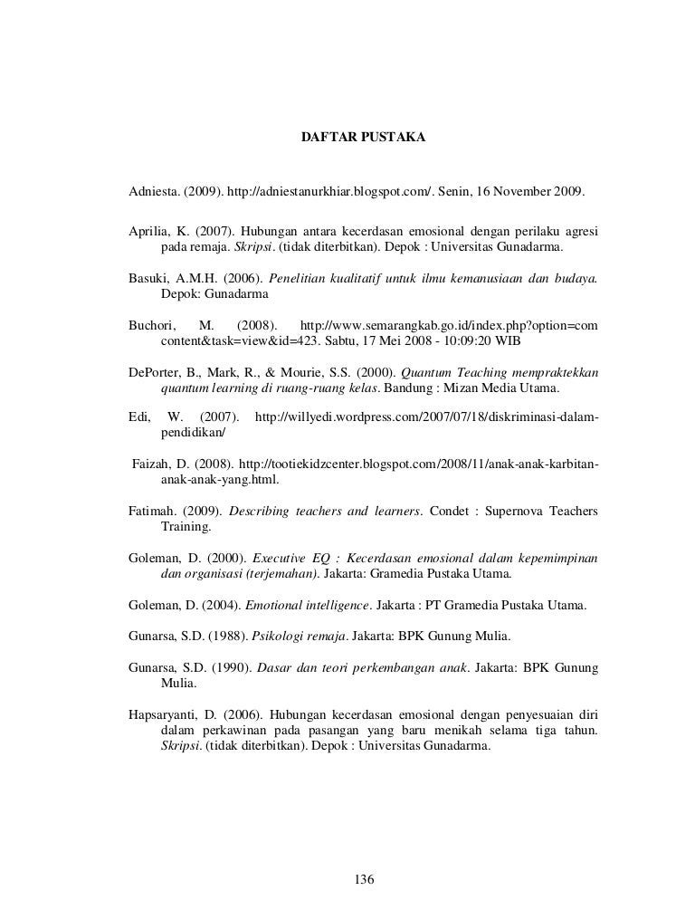 Daftar Pustaka Kecerdasan Emosi Pada Remaja Yang Mengikuti Kelas Ungg