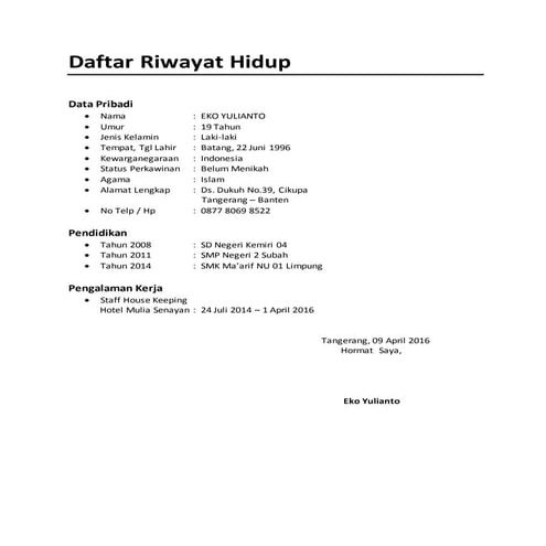 Daftar riwayat hidup formal | DOCX