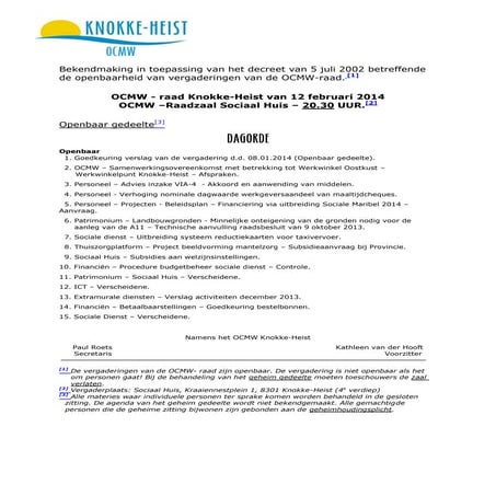 Agenda openbaar gedeelte raadszitting ocmw 12 februari 2014