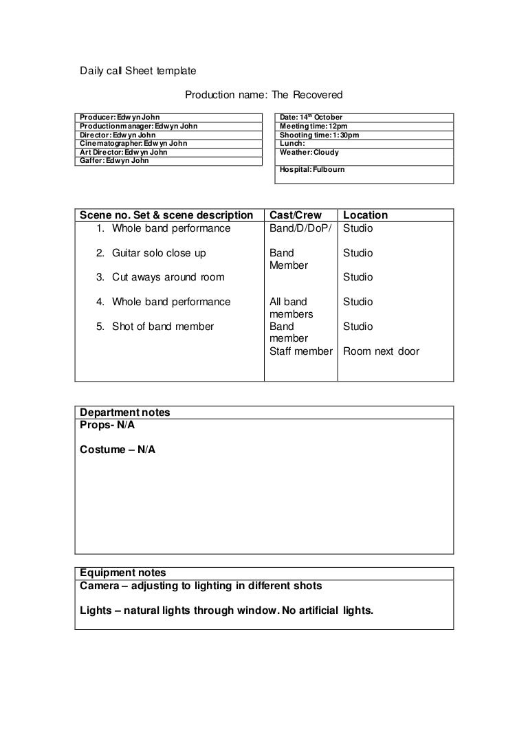 daily call sheet 1 daily call sheet template