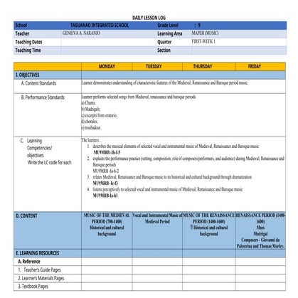 DAILY LESSON LOG MUSIC WEEK 1 or DLL in Music