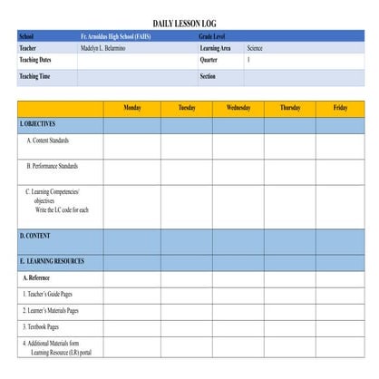 Comprehensive Daily Lesson Log Template for Science Educators | DOCX