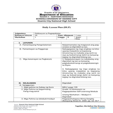 Grade 6 GMRC Lesson on Self-Recognition and Dignity | DOCX