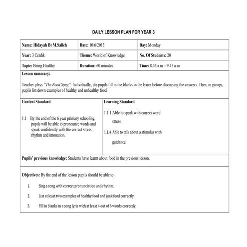 Daily lesson plan for year 3